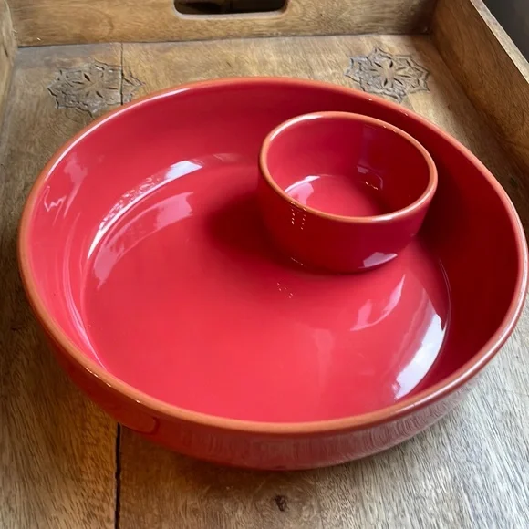 Stoneware Chip & Dip Bowl in Rich Reddish Orange Color! Made in Portugal 🇵🇹 - Picture 4 of 8